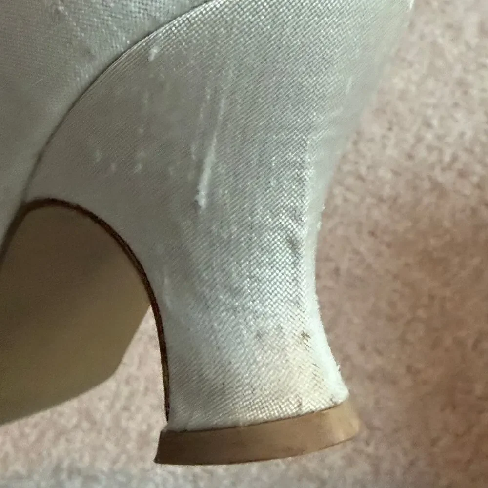 VTG Dyeables White Silk Wedding Heel Pumps W. Beaded Pearl Decoration Shoes Sz 8